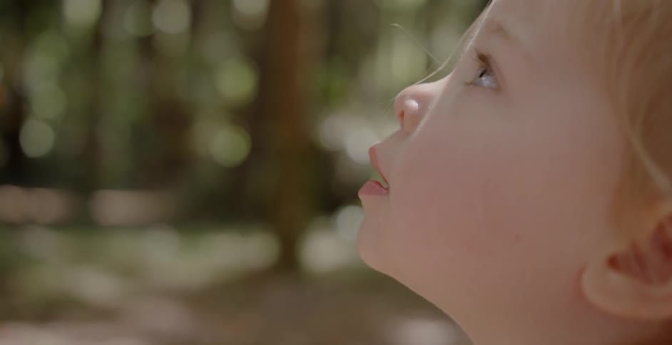 A small child is looking up at something off camera