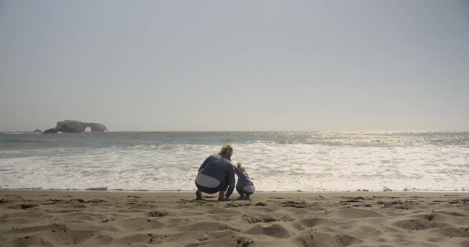 An adult and a small child are standing on the beach watching the waves roll in