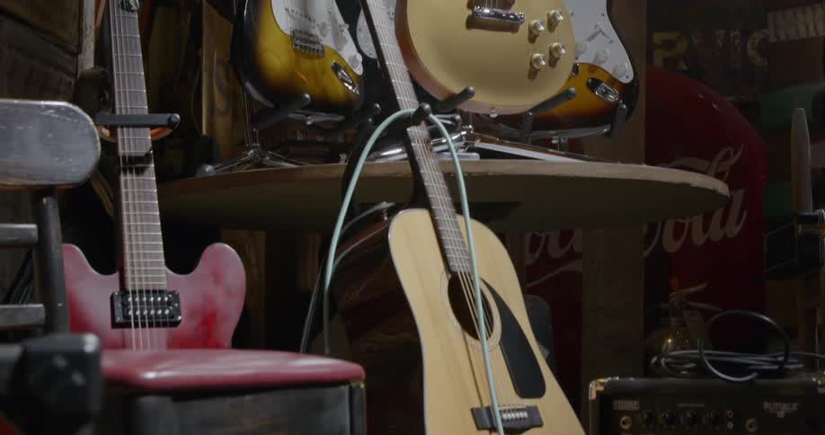 Guitars on display in a music store