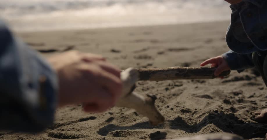 A toddler girl is playing with a stick in the sand at the beach on a sunny day