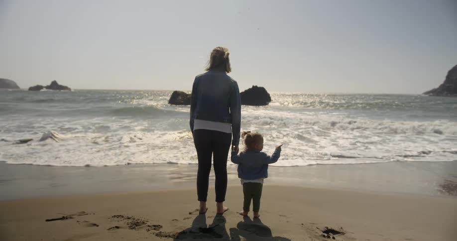 A mother and her toddler girl are watching the waves roll onto a beach during the day