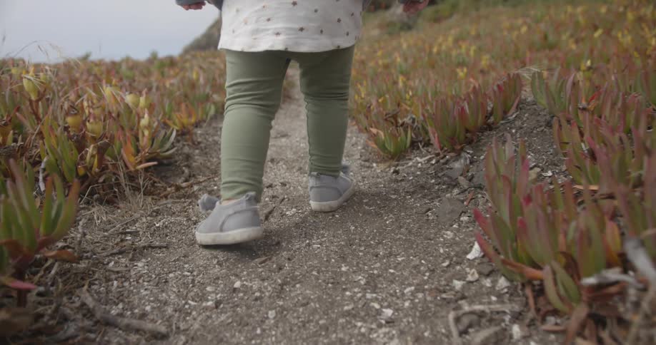 A young girl walks on a trail in nature