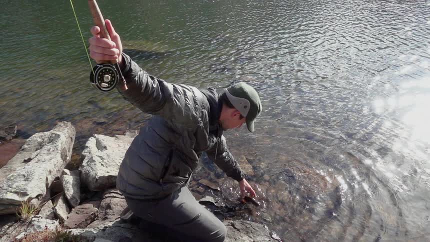 A man reaches down to pull up a fish
