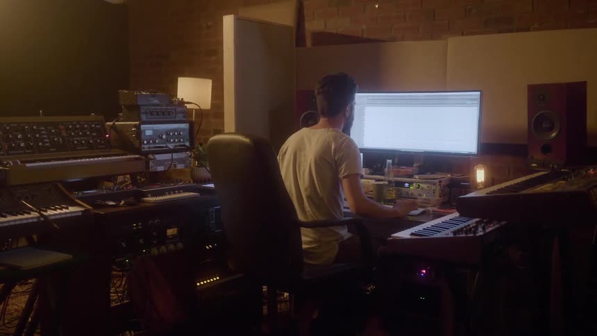 A man is sitting in his studio working at the computer