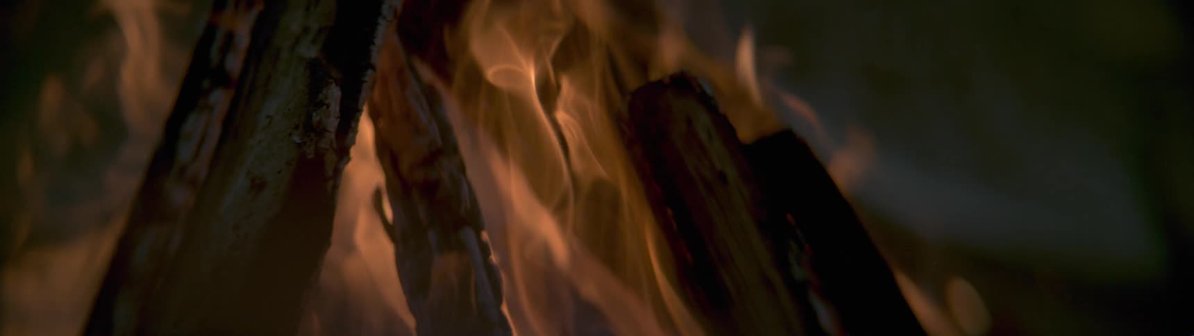 Flames of fire burning on pieces of wood at night