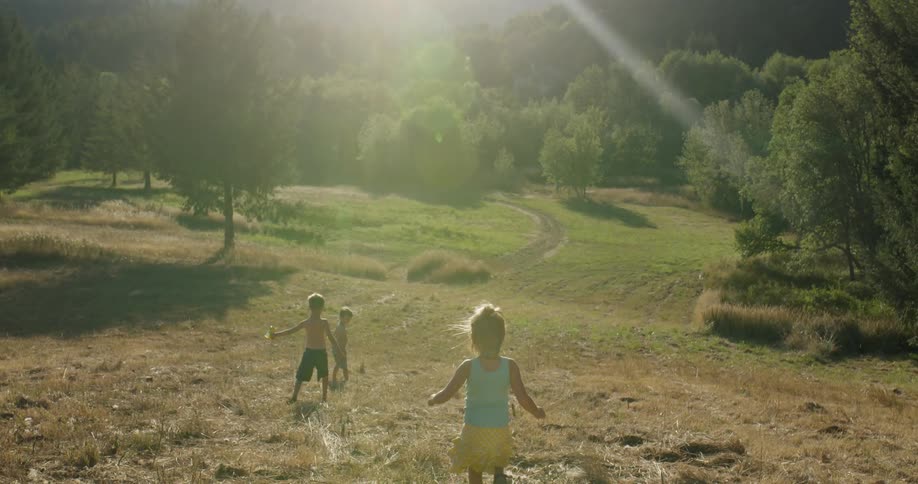 Kids are walking down a grassy hill