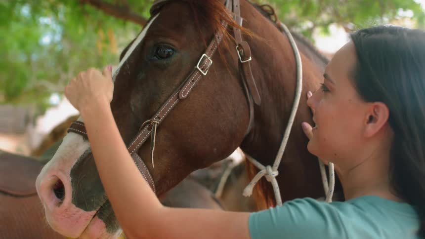 A woman talks and pets her horse