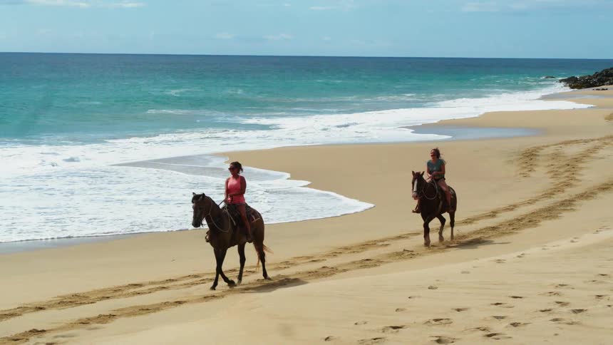 Two women ride horses on the beach