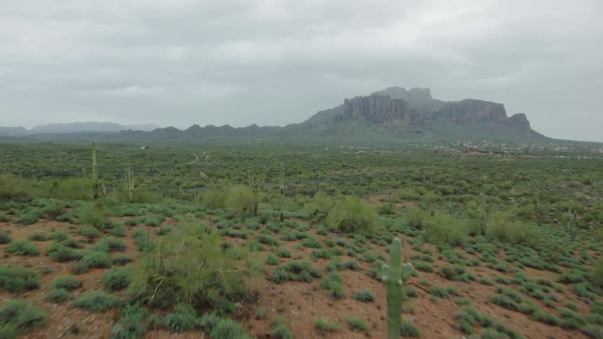 Low traverse over a vast cactus field as the Superstition Mountains loom high on the horizon