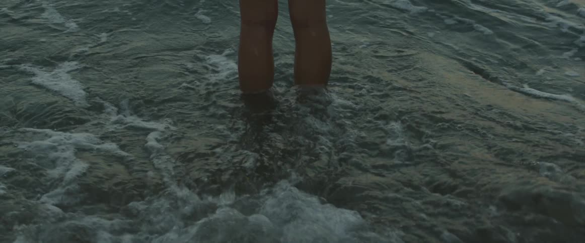 A person is standing in the shallow water of the shore