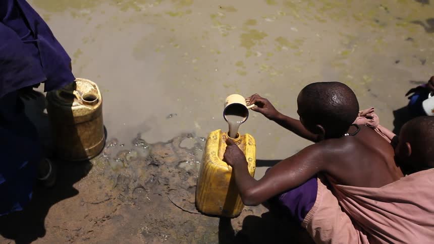 Women and children gather water in a creek and pour it into jugs