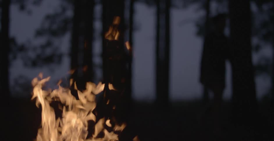 A person walks in the woods near a campfire at night