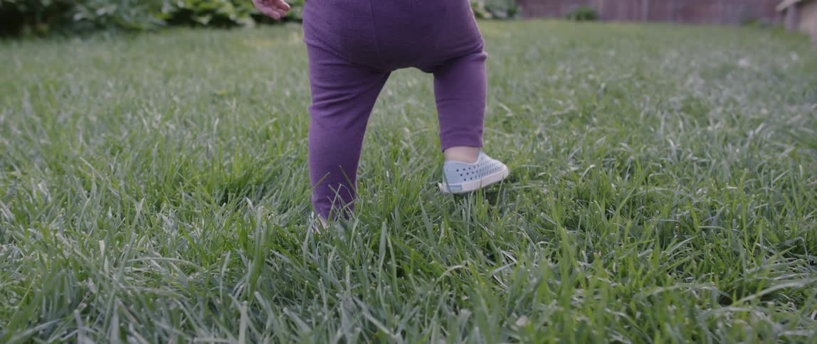 A toddler walks through grass