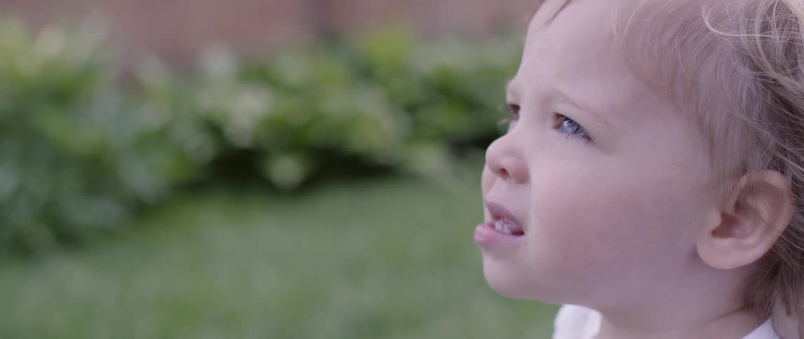 A child looks up in the yard