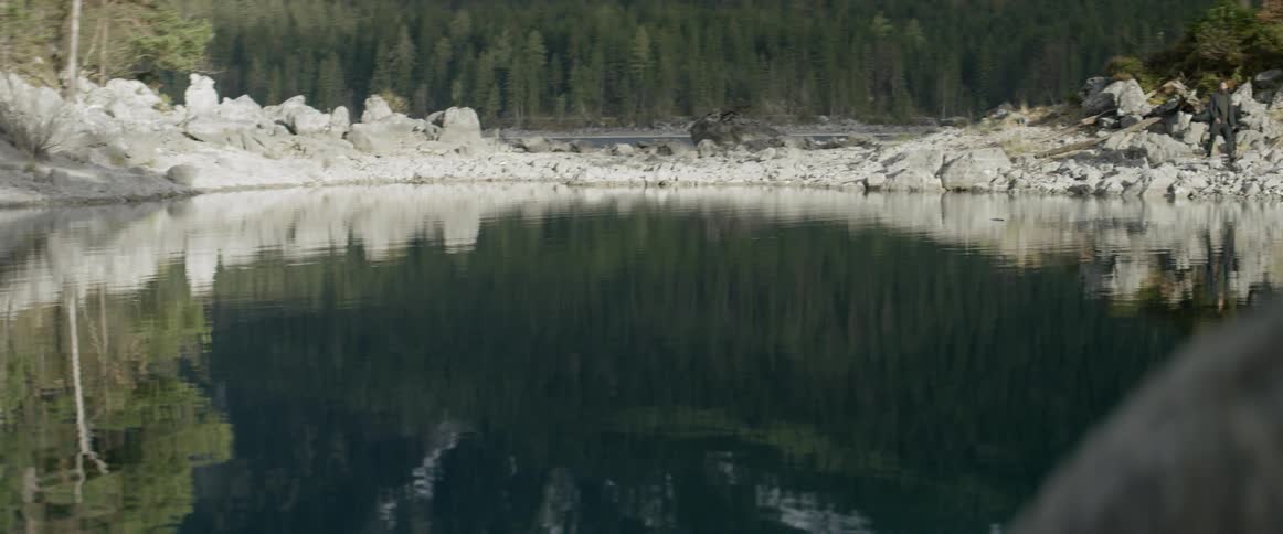 Stones surround a lake by the trees