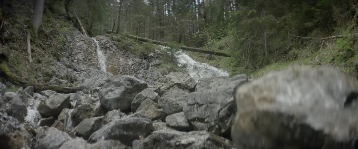Waterfalls are cascading into a rocky stream in a forest
