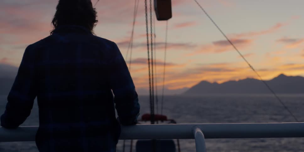 A person is standing on the bow of a ship looking at a coastline at dawn