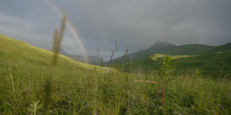 A rainbow in the sky over a grassy hill