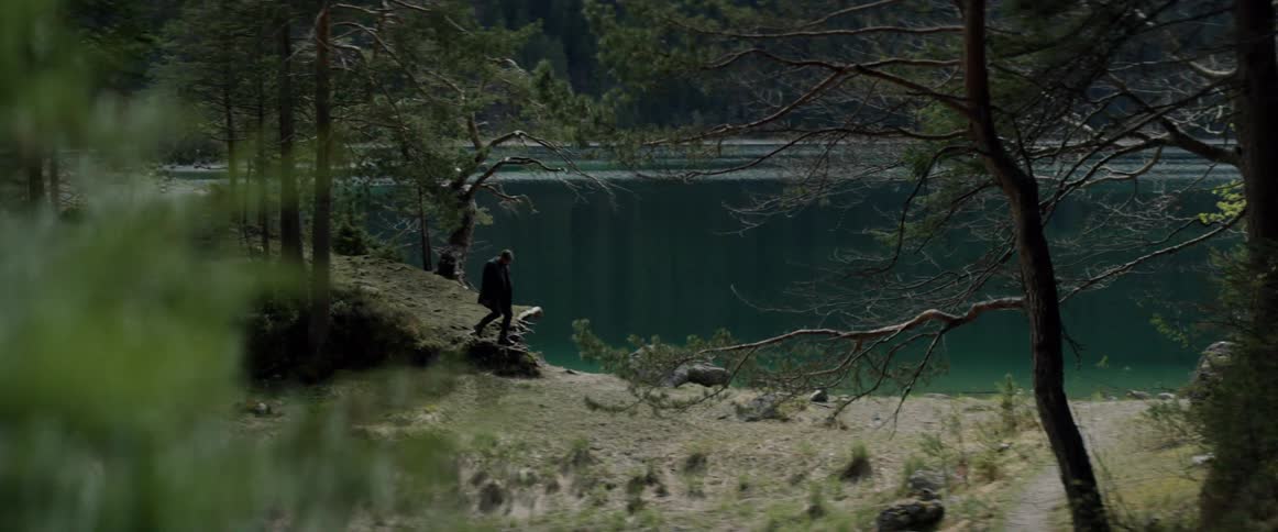 Person looks out across a lake and steps off a small rock