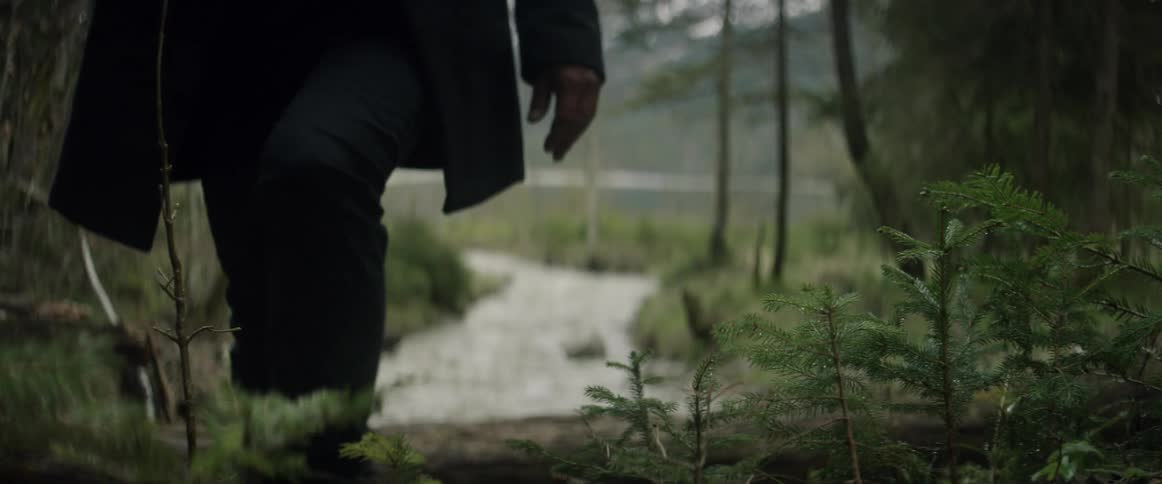 A man is stepping over a log near a creek in a natural setting