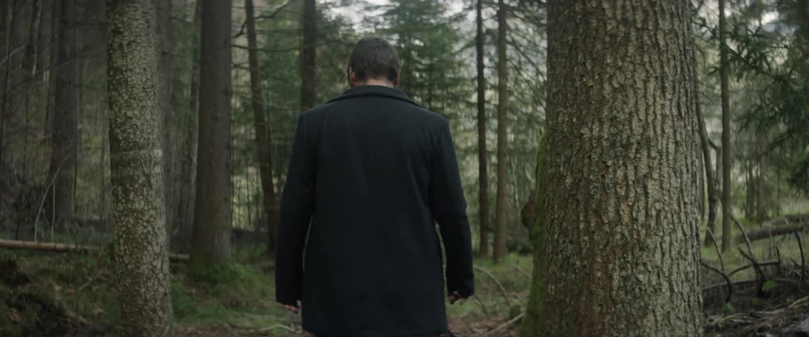 Man walks through the trees in a forest