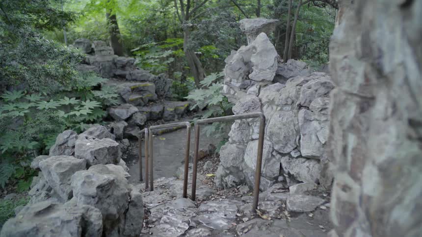 A metal railing stretches up stone stairs in nature