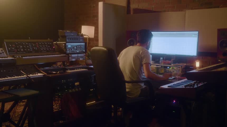 Man works on a computer in a recording studio