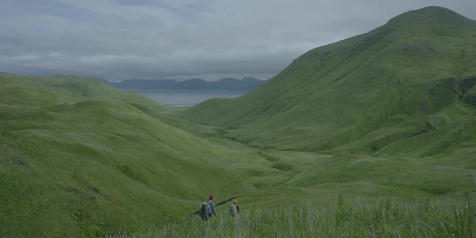 People are hiking down a lush green hill
