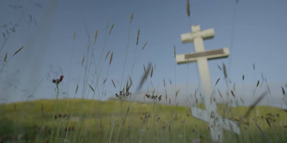 Grave marker stands in a grassy field