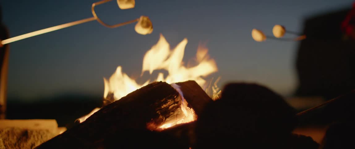 Four marshmallows are roasting on an open fire