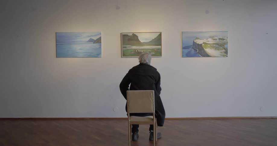 A seated man observing three paintings in an art gallery leaves