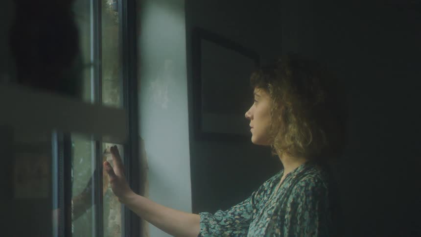 A woman reaches out and touches a window