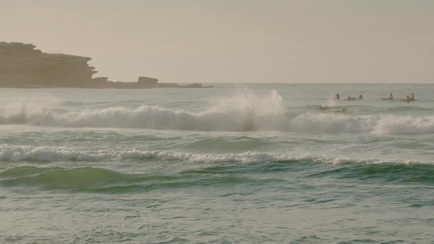 Surfers are lined up and waiting to catch a wave