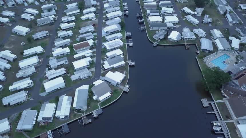 The water is calm near this town