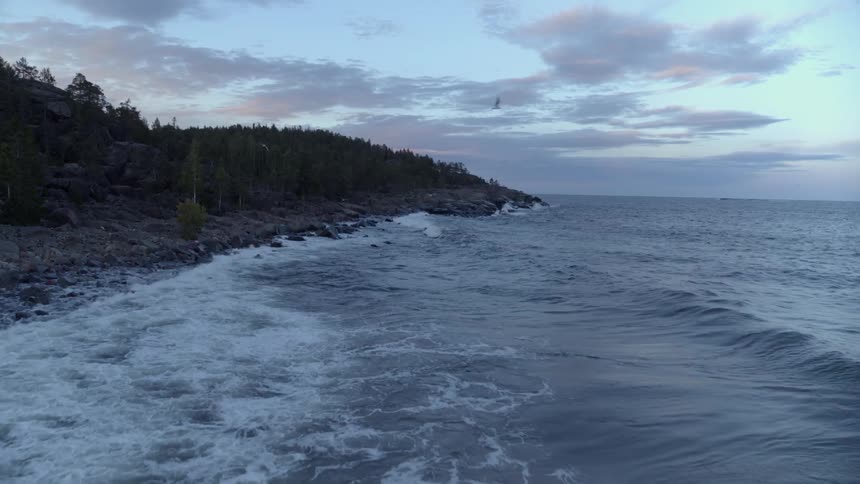 Birds fly over ocean waves at sunset