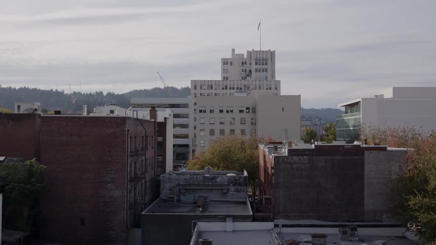 A flag is flying on top of a high rise in a city on a cloudy day