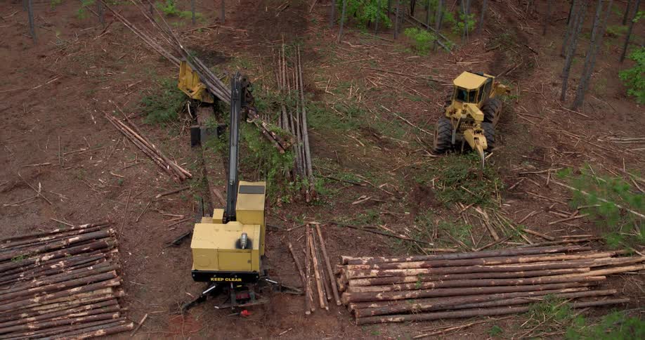 Machinery harvests trees in a forest