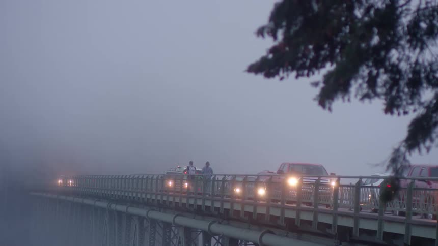 Cars are passing each other on a foggy bridge