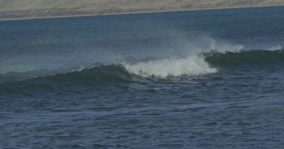 The wind is blowing spray off a wave as it crests and rolls towards the shore