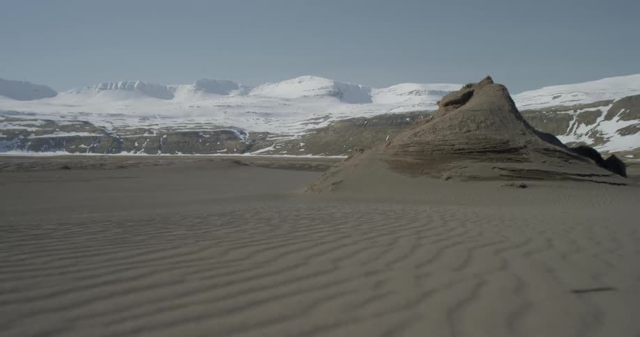 A desert and sand stretches in front of snowy mountains
