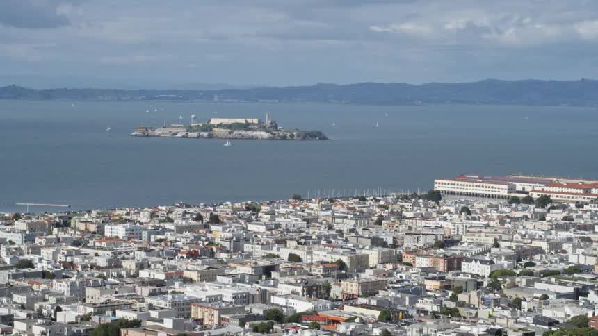 Alcatraz aerial overlooking San Francisco city