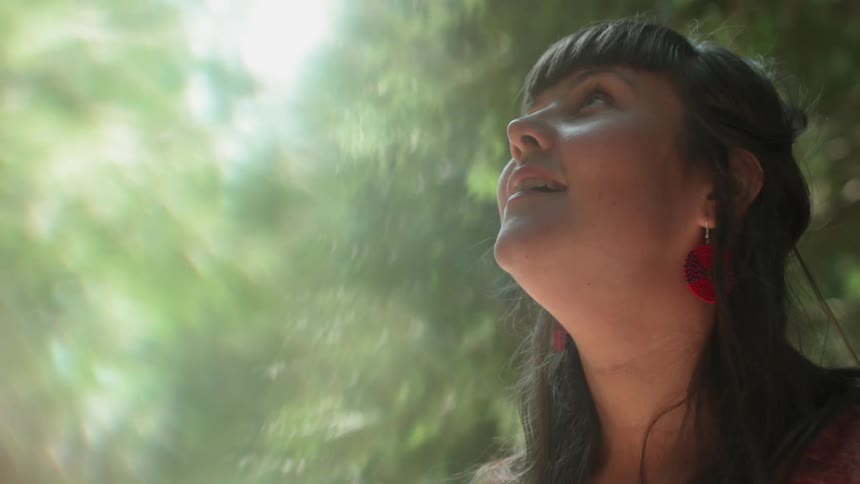 A woman is staring up at the trees around her in wonder on a sunny day