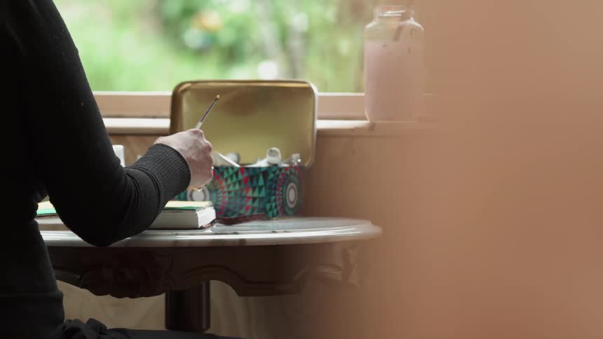 A person paints in a book