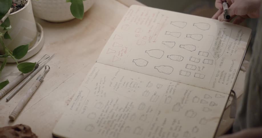 A person turns the pages of a notebook full of drawings and text