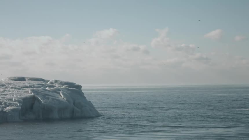 A glacier sits in the ocean