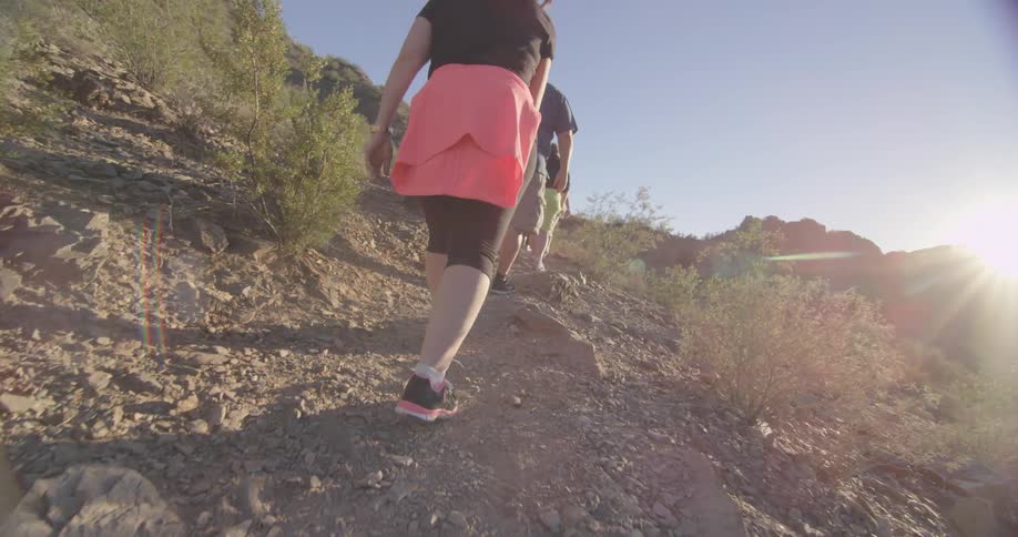 A group of people go hiking in the desert as the sun beats down