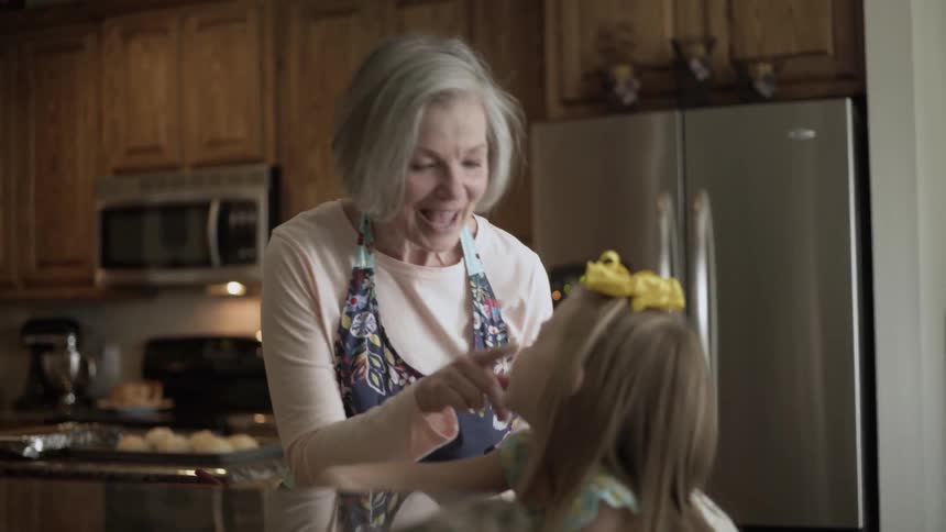 A woman and a girl baking in her kitchen
