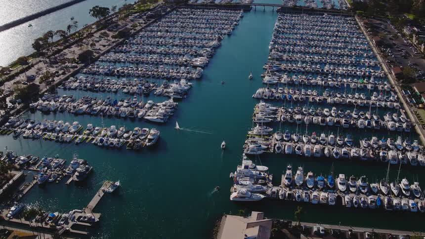 Boats float in a marina