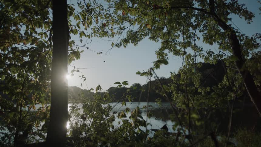 The sun shines over a lake