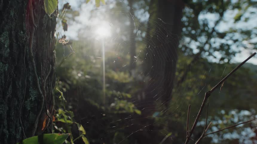A spider is lurking in its web on a sunny day